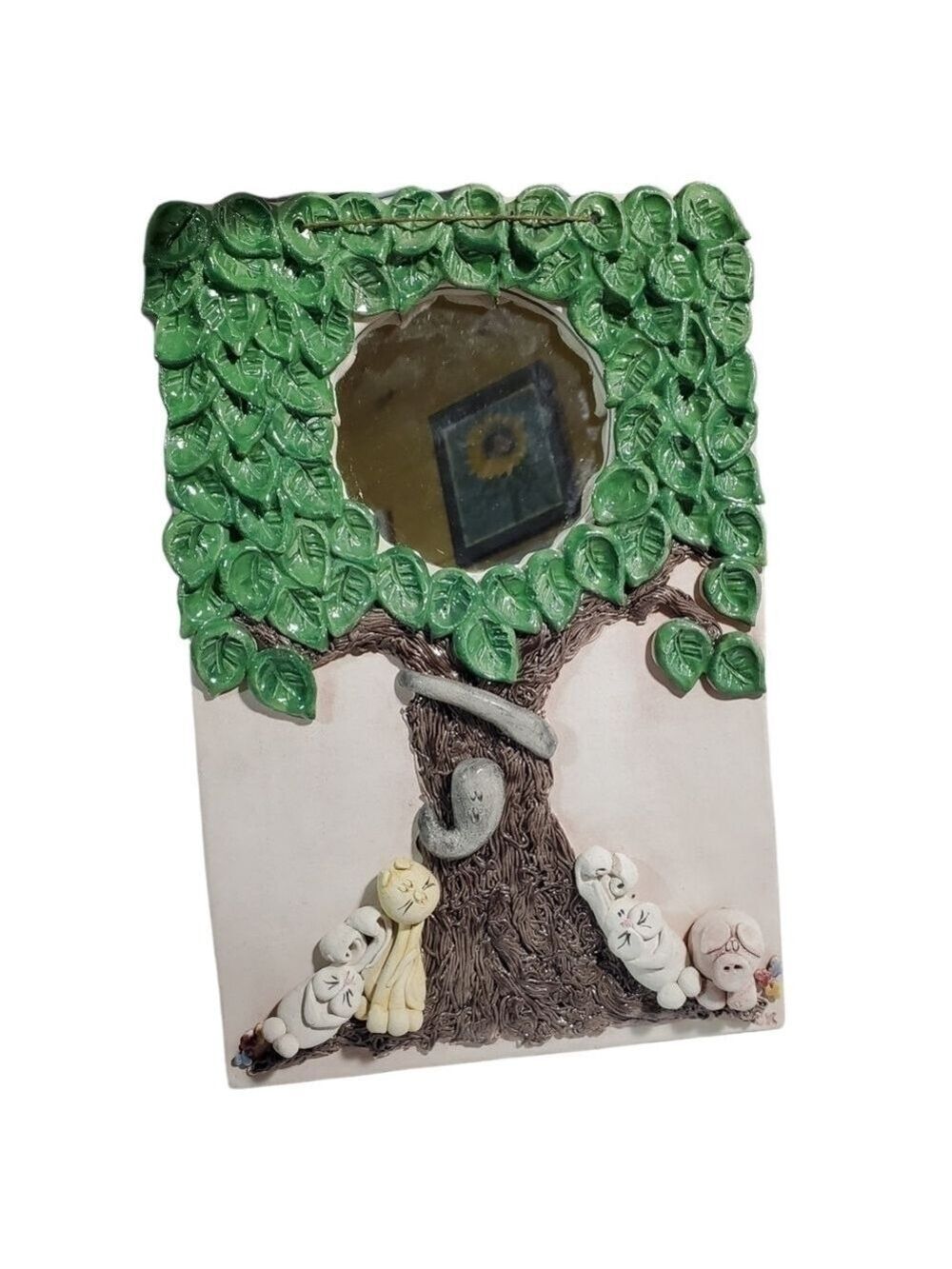 Clay molded Wall Art Mirror cute Tree with animals signed CK